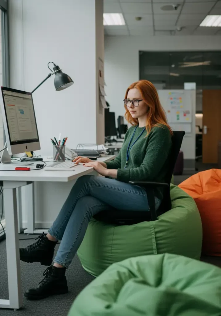 Woman in office sitting on beanbag working on computer
