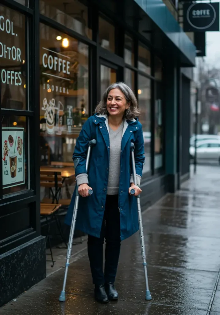Smiling woman with crutches outside coffee shop.