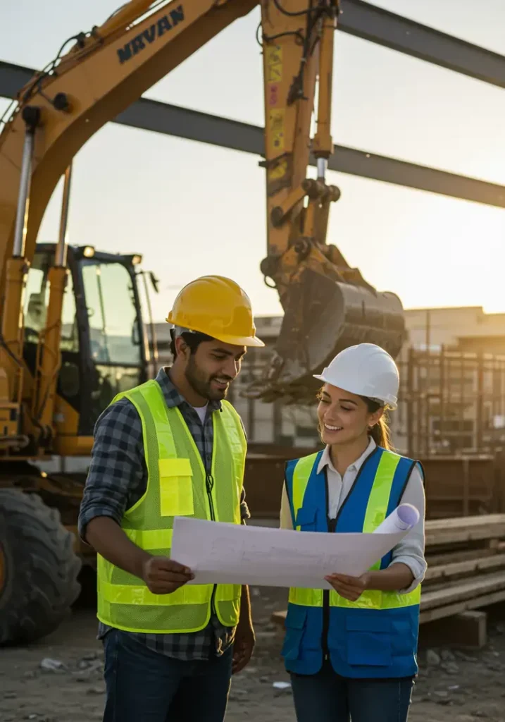 Architects reviewing blueprints at construction site.