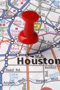 Map of Houston with a red thumbtack marking a local group health insurance provider location