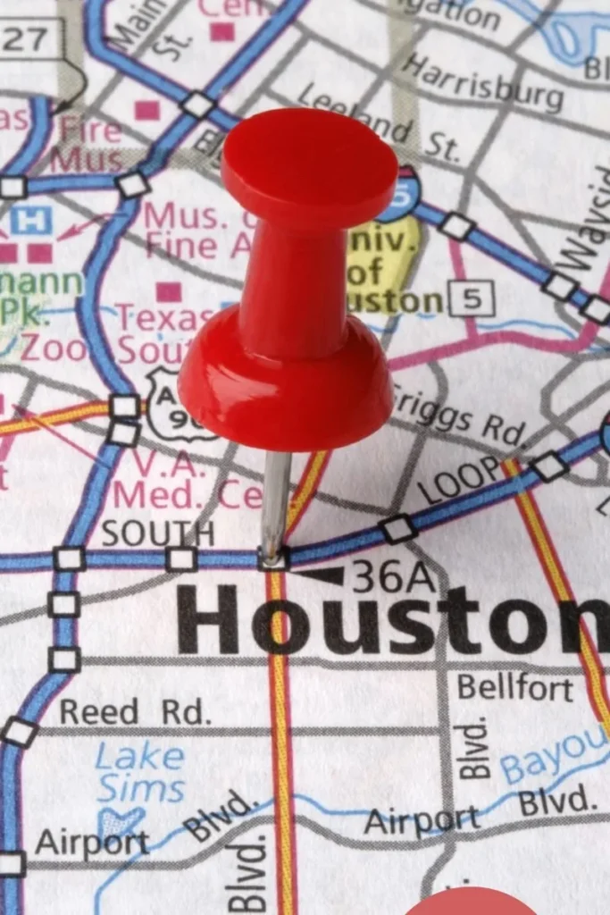 Map of Houston with a red thumbtack marking a local group health insurance provider location